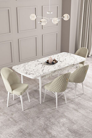 Calvin Beyaz Mermer 80x132 Açılabilir Mdf Masa Yemek Odası Takımı, Mutfak Takımı 4 Adet Sandalye