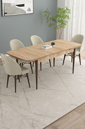 Calvin Meşe Desen 80x132 Açılabilir Mdf Masa Yemek Odası Takımı, Mutfak Takımı 4 Adet Sandalye