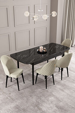 ​​​​​​​Calvin Siyah Mermer 80x132 Açılabilir Mdf Masa Yemek Odası Takımı, Mutfak Takımı 4 Adet Sanda