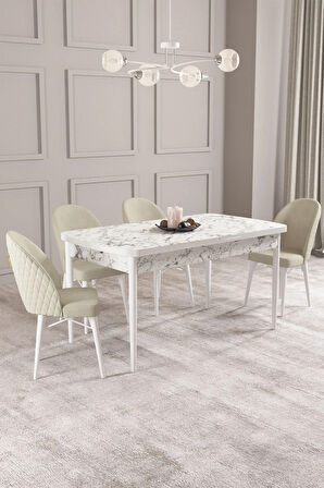Calvin Beyaz Mermer Desen 80x132 MDF Açılabilir Mutfak Masası Takımı 4  Sandalye