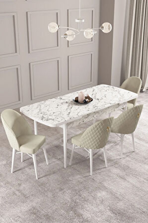 Calvin Beyaz Mermer Desen 80x132 MDF Açılabilir Mutfak Masası Takımı 4  Sandalye