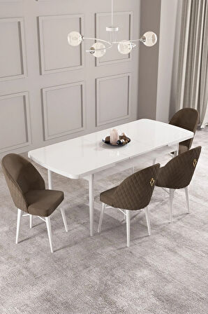 Calvin Beyaz 80x132 MDF Açılabilir Mutfak Masası Takımı 4  Sandalye