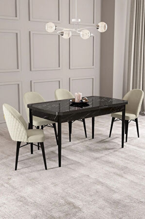 Calvin Siyah Mermer Desen 80x132 MDF Açılabilir Mutfak Masası Takımı 4  Sandalye