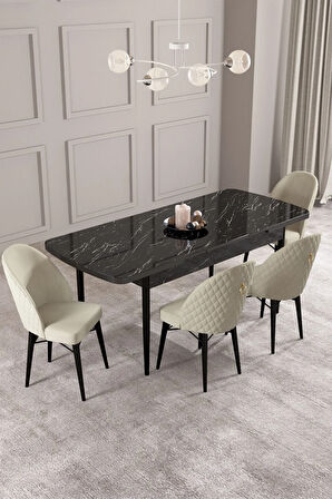 Calvin Siyah Mermer Desen 80x132 MDF Açılabilir Mutfak Masası Takımı 4  Sandalye