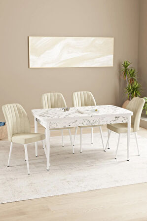 Daisy MDF Beyaz Mermer Desen Açılabilir 80x132 Cm 4 Sandalyeli Mutfak Masası Takımı