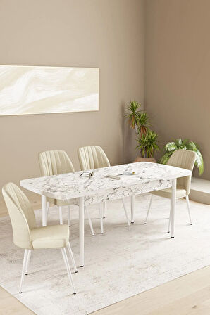 Daisy MDF Beyaz Mermer Desen Açılabilir 80x132 Cm 4 Sandalyeli Mutfak Masası Takımı
