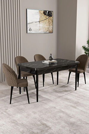 Daisy Siyah Mermer Desen 80x132 Açılabilir MDF Mutfak Masa Takımı 4 Sandalye