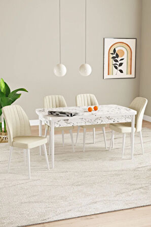 Elis Beyaz Mermer Desen 80x132 Açılabilir Masa Takımı 4  Sandalye