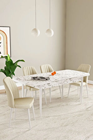 Elis Beyaz Mermer Desen 80x132 Açılabilir Masa Takımı 4  Sandalye