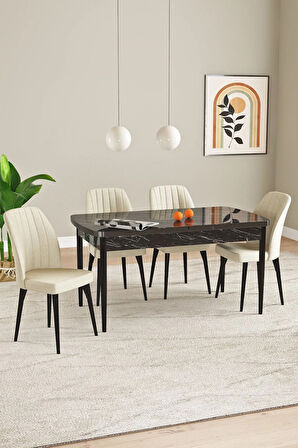 Elis Siyah Mermer Desen 80x132 Açılabilir Yemek Odası Takımı 4  Sandalye