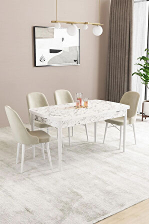 Fonza Beyaz Mermer Desen MDF 80x132 MDF Açılabilir Mutfak Masası Takımı 4  Sandalye