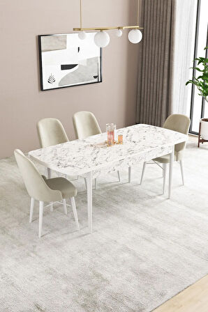 Fonza Beyaz Mermer Desen MDF 80x132 MDF Açılabilir Mutfak Masası Takımı 4  Sandalye
