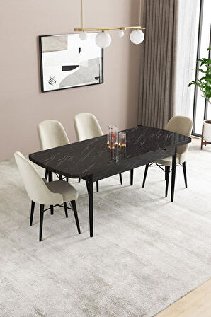 Fonza Siyah Mermer Desen 80x132 MDF Açılabilir Mutfak Masası Takımı 4  Sandalye