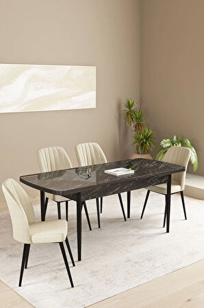 Floryn Siyah Mermer Desen 80 X 132 Açılabilir MDF Mutfak Masa Takımı 4 Sandalye