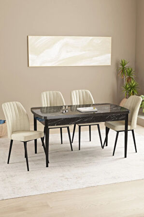 Floryn MDF Siyah Mermer Desen Açılabilir 80x132 Cm 4 Sandalyeli Mutfak Masası Takımı