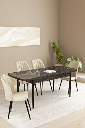 Floryn MDF Siyah Mermer Desen Açılabilir 80x132 Cm 4 Sandalyeli Mutfak Masası Takımı