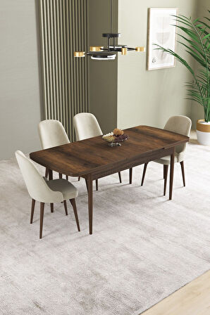 Ikon Barok Desen 80x132 Açılabilir Mdf Masa Yemek Odası Takımı, Mutfak Takımı 4 Adet Sandalye