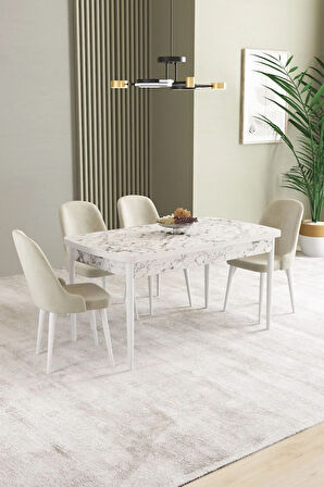 Ikon Beyaz Mermer Desen 80x132 MDF Açılabilir Yemek Masası Takımı 4  Sandalye