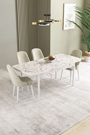 Ikon Beyaz Mermer Desen 80x132 MDF Açılabilir Yemek Masası Takımı 4  Sandalye