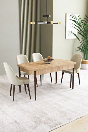 Ikon Meşe Desen 80x132 Açılabilir Mdf Masa Yemek Odası Takımı, Mutfak Takımı 4 Adet Sandalye