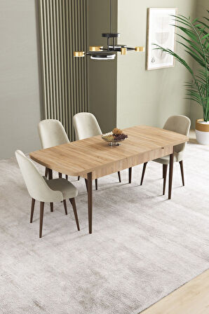 Ikon Meşe Desen 80x132 Açılabilir Mdf Masa Yemek Odası Takımı, Mutfak Takımı 4 Adet Sandalye