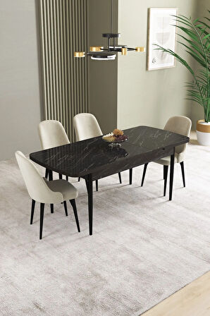 Ikon Siyah Mermer Desen 80x132 MDF Açılabilir Yemek Masası Takımı 4  Sandalye