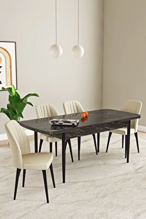 Laris Siyah Mermer Desen 80 X 132 Açılabilir MDF Mutfak Masa Takımı 4 Sandalye
