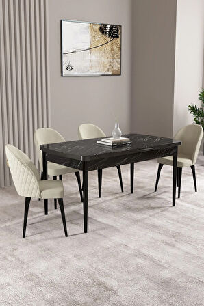 Lima Siyah Mermer Desen 80x132 MDF Açılabilir Mutfak Masası Takımı 4  Sandalye