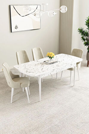 Mabel Beyaz Mermer Desen 80x132 MDF Açılabilir Mutfak Masası Takımı 4  Sandalye