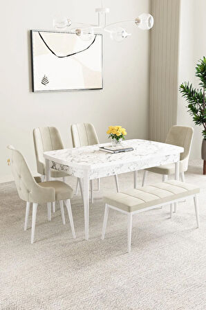 Mabel Beyaz Desen 80x132 MDF Açılabilir Mutfak Masası Takımı 4  Sandalye