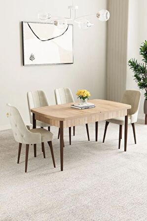 Mabel Meşe Desen 80x132 MDF Açılabilir Mutfak Masası Takımı 4  Sandalye
