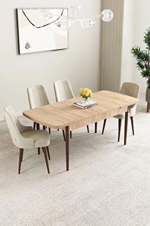 Mabel Meşe Desen 80x132 MDF Açılabilir Mutfak Masası Takımı 4  Sandalye