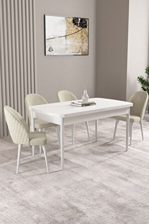 Milas Beyaz 80x132 Açılabilir Mdf Masa Yemek Odası Takımı, Mutfak Takımı 4 Adet Sandalye