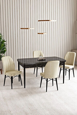 Vien Siyah Mermer Desen 80 X 132 Açılabilir MDF Mutfak Masası 4  Sandalye