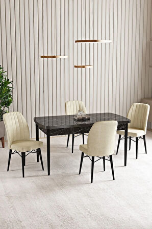 Vien Siyah Mermer Desen 80 X 132 Açılabilir MDF Mutfak Masası 4  Sandalye