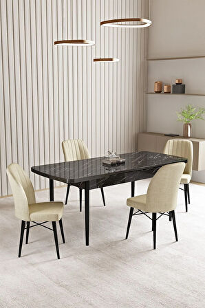 Vien Siyah Mermer Desen 80 X 132 Açılabilir MDF Mutfak Masası 4  Sandalye