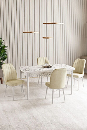 Lara Beyaz Mermer Desen 80 X 132 Açılabilir MDF Mutfak Masası 4  Sandalye