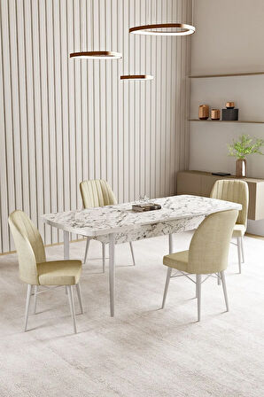 Lara Beyaz Mermer Desen 80 X 132 Açılabilir MDF Mutfak Masası 4  Sandalye