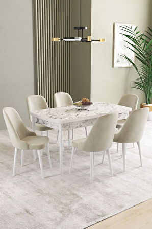 Ikon Beyaz Mermer 80x132 Açılabilir Mdf Masa Yemek Odası Takımı, Mutfak Takımı 6 Adet Sandalye
