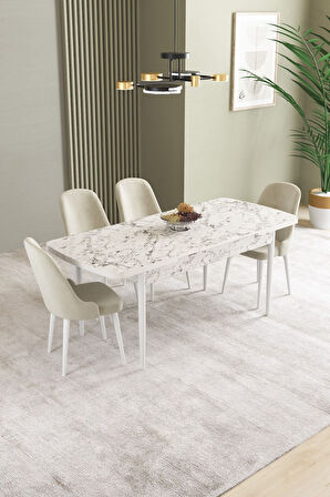 Ikon Beyaz Mermer 80x132 Açılabilir Mdf Masa Yemek Odası Takımı, Mutfak Takımı 4 Adet Sandalye