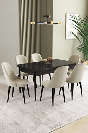 Ikon Siyah Mermer 80x132 Açılabilir Mdf Masa Yemek Odası Takımı, Mutfak Takımı 6 Adet Sandalye