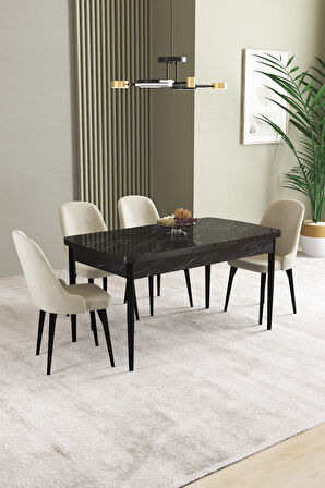 Ikon Siyah Mermer 80x132 Açılabilir Mdf Masa Yemek Odası Takımı, Mutfak Takımı 4 Adet Sandalye