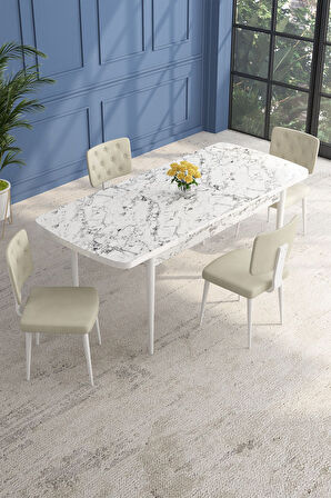 Lars Beyaz Mermer 80x132 Açılabilir Mdf Masa Yemek Odası Takımı,Mutfak Takımı 4 Adet Sandalye