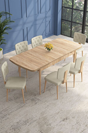 Lars Meşe 80x132 Açılabilir Mdf Masa Yemek Odası Takımı,Mutfak Takımı 6 Adet Sandalye