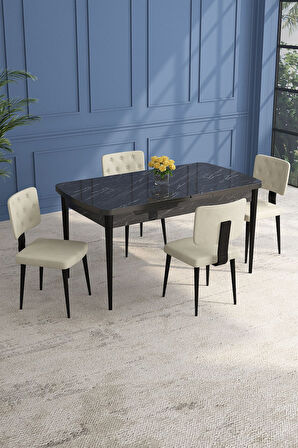 Lars Siyah Mermer 80x132 Açılabilir Mdf Masa Yemek Odası Takımı,Mutfak Takımı 4 Adet Sandalye