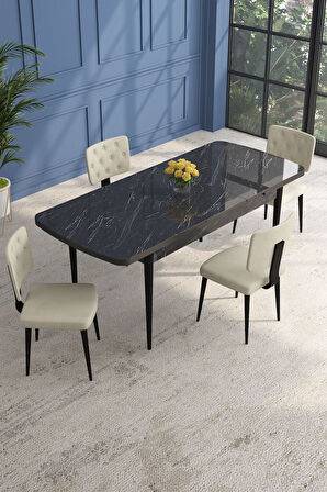 Lars Siyah Mermer 80x132 Açılabilir Mdf Masa Yemek Odası Takımı,Mutfak Takımı 4 Adet Sandalye
