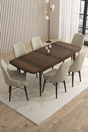 Mazaka Barok Desen 80x132 Açılabilir Mdf Masa Yemek Odası Takımı, Mutfak Takımı 6 Adet Sandalye