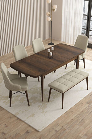 Mazaka Barok Desen 80x132 Açılabilir Mdf Masa Yemek Odası Takımı, Mutfak Takımı 4 Sandalye 1 Bench