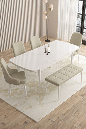 Mazaka Beyaz 80x132 Açılabilir Mdf Masa Yemek Odası Takımı, Mutfak Takımı 4 Sandalye 1 Bench