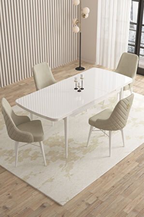 Mazaka Beyaz 80x132 Açılabilir Mdf Masa Yemek Odası Takımı, Mutfak Takımı 4 Adet Sandalye